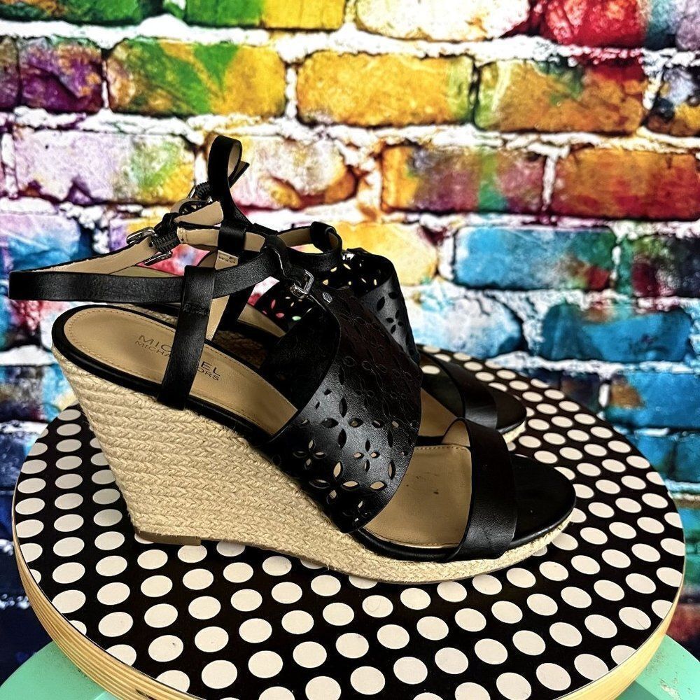 Michael Michael Kors Leather Upper Espadrille Wedge Cut Out Sandals 7.5